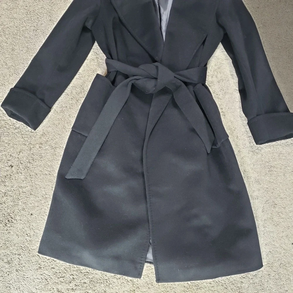 Ralph Lauren Black Wool Cashmere Wrap Belted Open Long Trench Coat Sz 14 - Picture 5 of 14